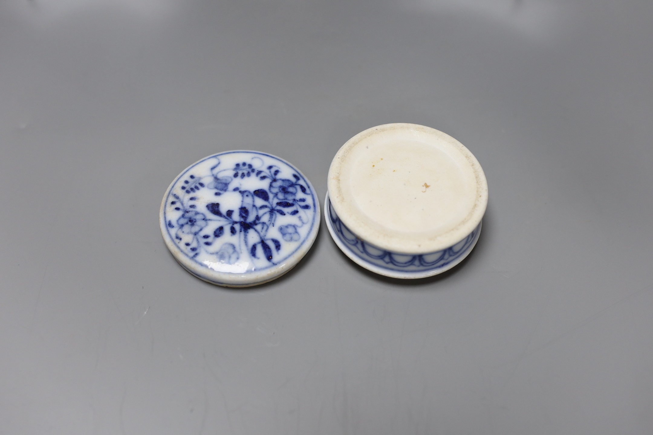 A selection of Oriental items, to include blue and white Japanese saucers, two stoneware tea bowls, a Chinese blue and white paste box and cover, and a Yixing teapot and a pair of tea bowls